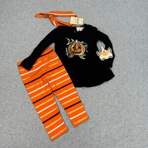 Btween Halloween Outfit Girls 18M Pumpkin Top, Striped Pants Headband Set Fall